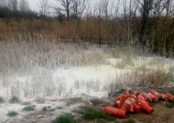 Женщина сливала фекалии в лес, а мужчина высыпал в водоем порошок из огнетушителей