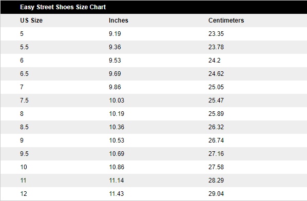 Таблица размеров обуви Easy Street