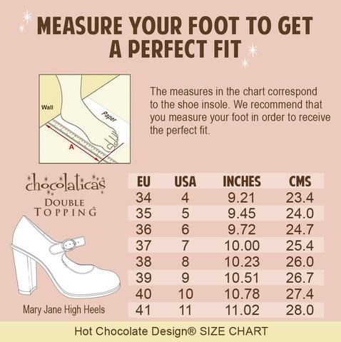 Таблица размеров женской обуви с дизайном горячего шоколада