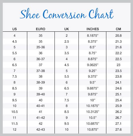 Таблица размеров женской обуви Nurse Mates