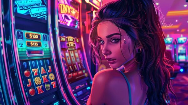 Дівчина на фоні гральної зали казино та гральних автоматів