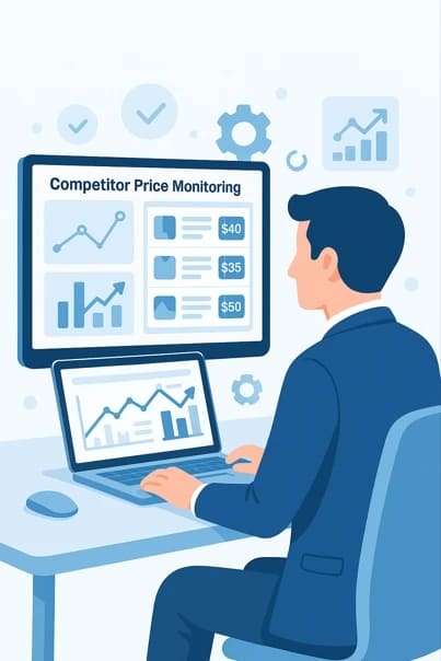 Бизнесмен использует программное обеспечение для мониторинга цен конкурентов — на экране компьютера отображаются графики, товары и динамика цен, символы аналитики и шестерёнки указывают на автоматизацию.